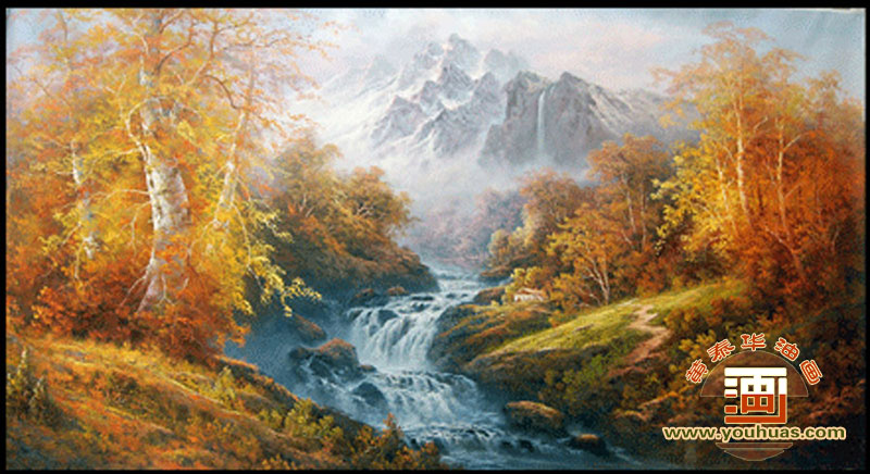 金黄色秋景-雪山风景-高山流水油画风景画