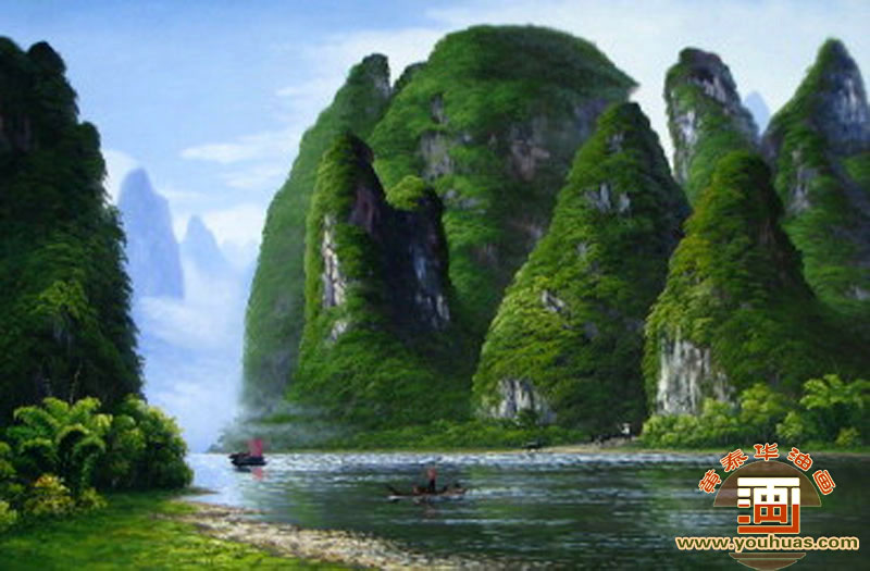 翠绿桂林风景-桂林山水油画