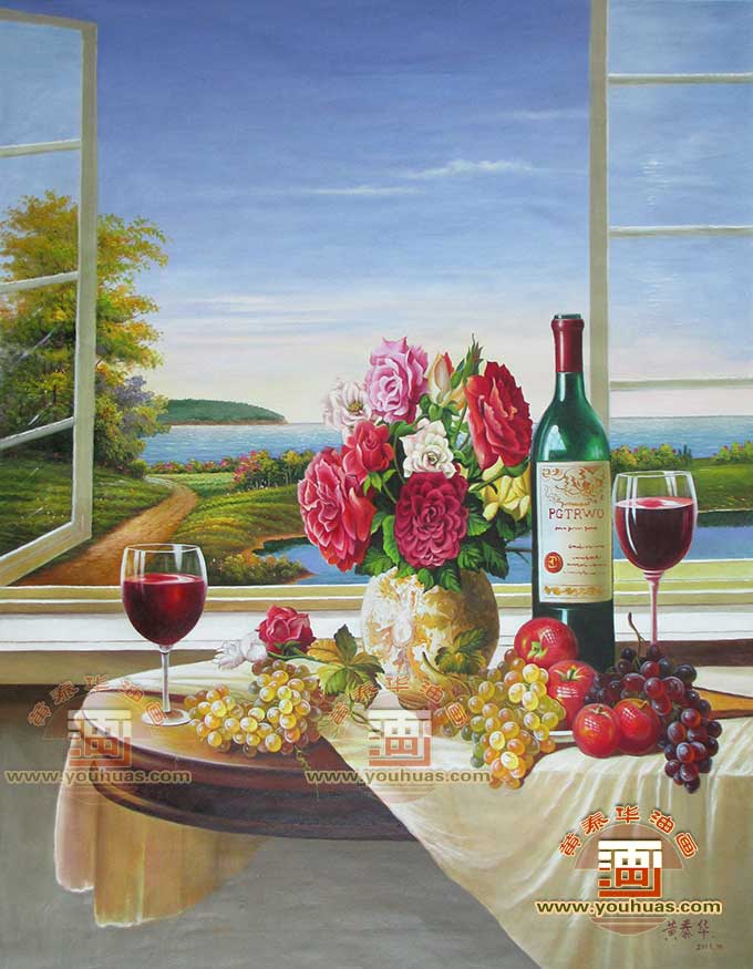 玫瑰花，酒瓶葡萄水果静物，高档窗户创作效果油画作品