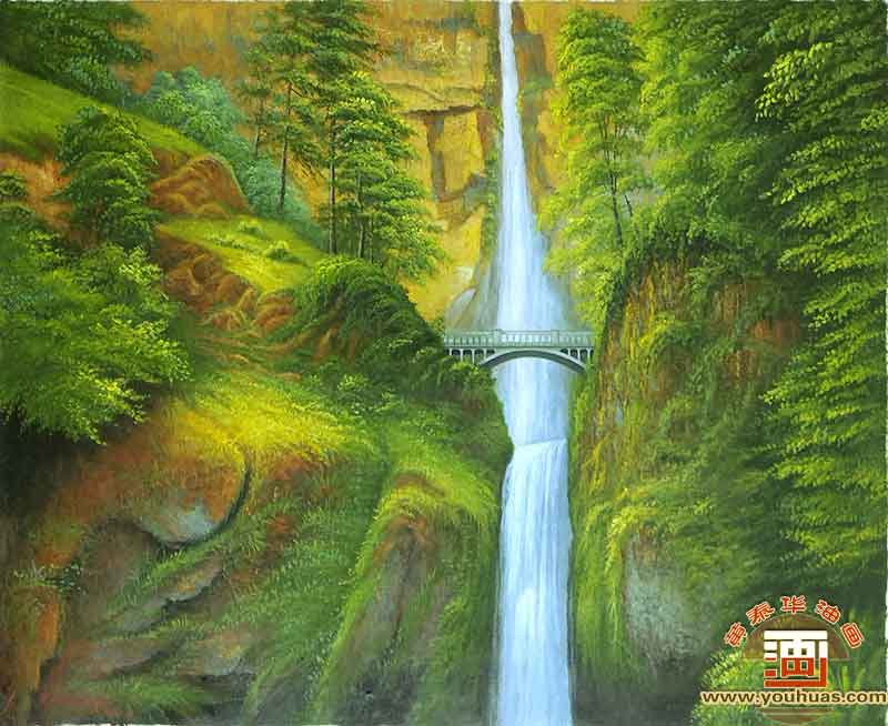马尔特诺马瀑布风景油画_哥伦比亚河峡谷瀑布创作