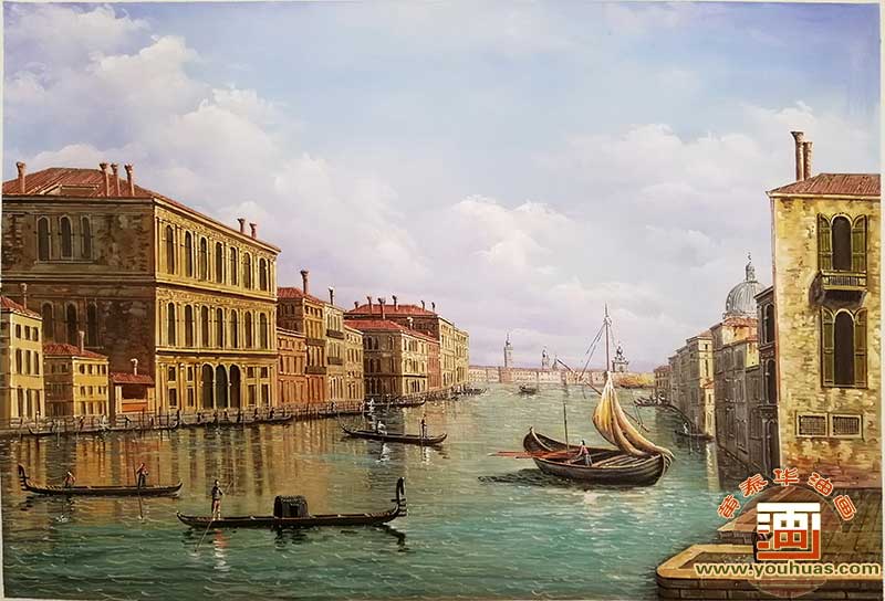 坎波圣维奥附近的大运河，望向圣玛丽亚德拉礼炮教堂_威尼斯水城油画风景作品