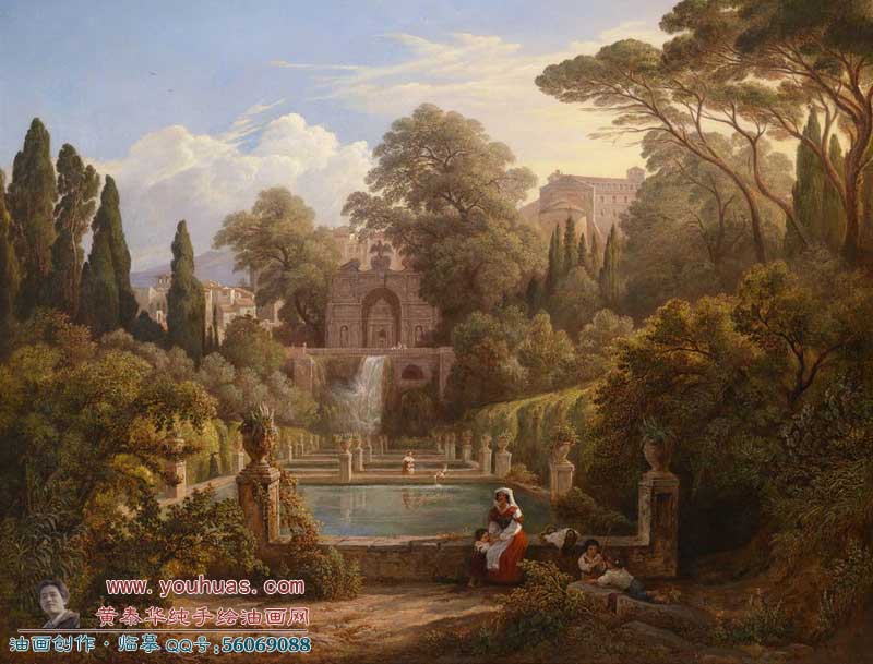 教堂旁的浴池 在浴池边 italien-um-1850/19世纪古典油画风景作品欣赏