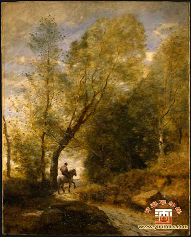动物，日出和日落，马，树木和森林_柯罗油画作品欣赏