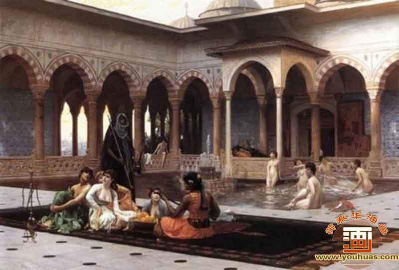 土耳其苏丹的宫殿后宫-宫殿闺房的阳台上_杰罗姆油画作品欣赏
