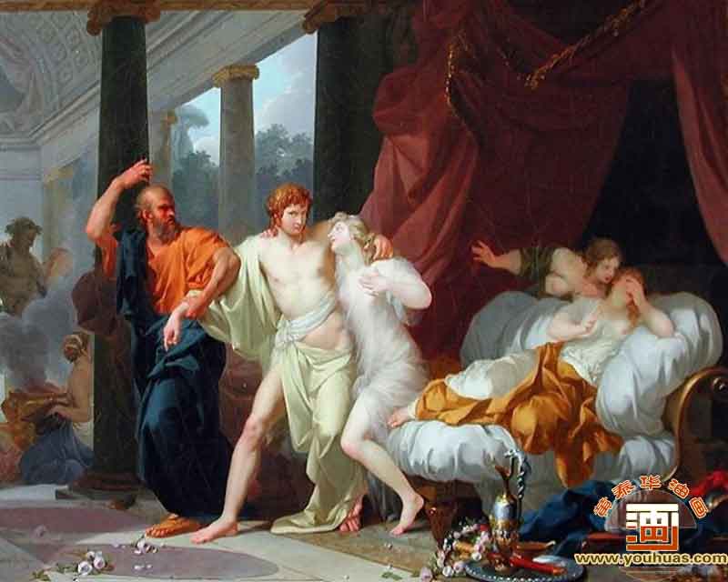 苏格拉底把阿尔西比亚德斯从性爱欢悦的拥抱中拖走_杰罗姆油画作品欣赏