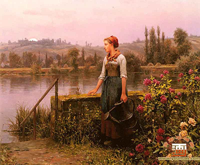 一个女人与一个喷壶河边_李奇微骑士油画作品欣赏