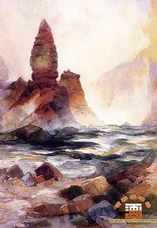 塔瀑布和硫磺石黄石公园_莫兰油画作品欣赏