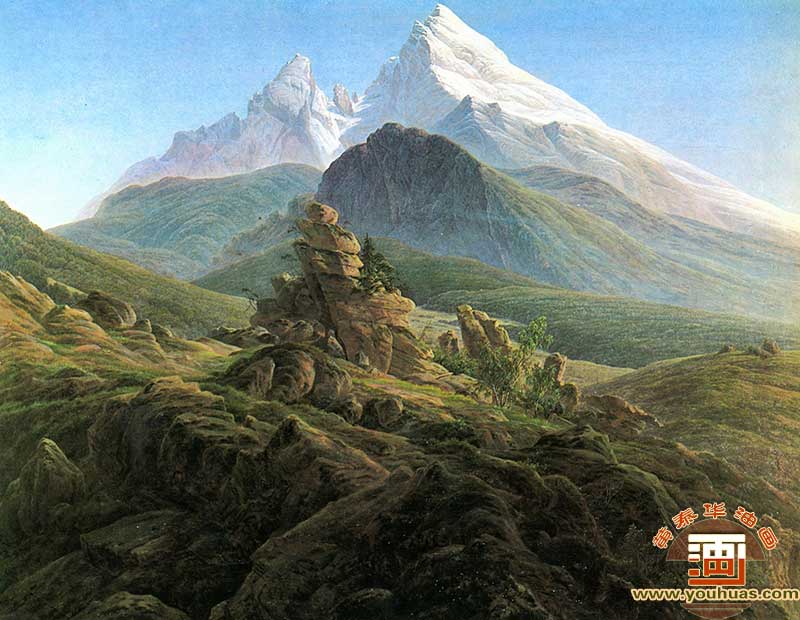沃茨曼，德国阿尔卑斯山风景　瓦茨曼峰风景油画_大卫・弗里德里希作品油画欣赏