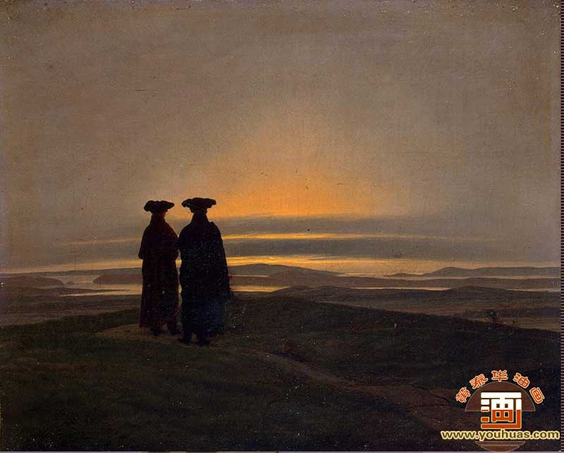 晚上与两个人的风景_大卫・弗里德里希作品油画欣赏