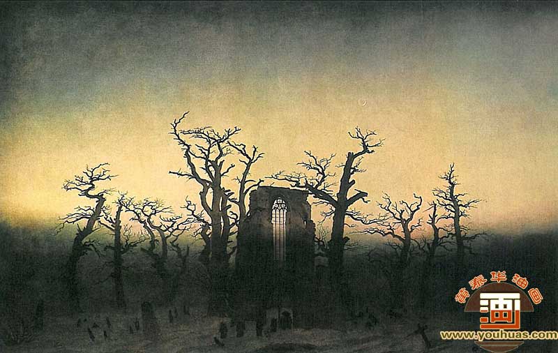 橡树林中的修道院风景_大卫・弗里德里希作品油画欣赏