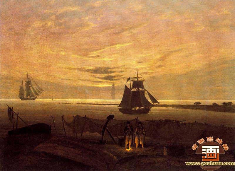 在波罗的海的黄昏晚上景色_大卫・弗里德里希作品油画欣赏