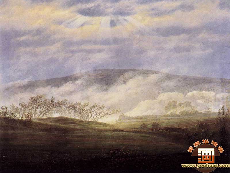 在埃尔贝山谷有雾的风景_大卫・弗里德里希作品油画欣赏