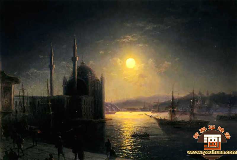 在博斯普鲁斯海峡的一个夜晚景色_艾瓦佐夫斯基油画作品欣赏