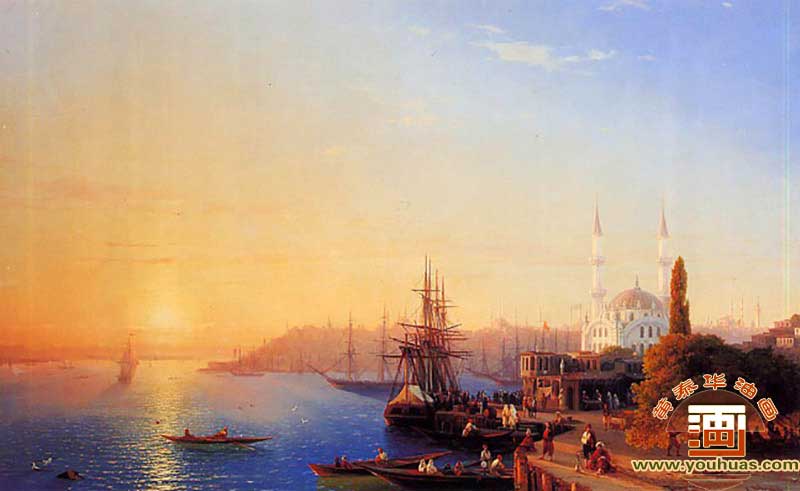 君士坦丁堡和博斯普鲁斯海峡风景_艾瓦佐夫斯基油画作品欣赏