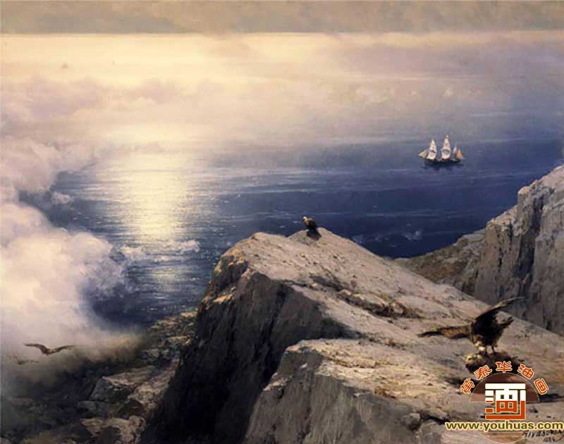 爱琴海沿岸的岩石海岸景观，远处的船只(细节)_艾瓦佐夫斯基油画作品欣赏