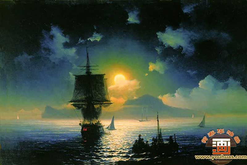 在卡普里岛的一个月亮之夜景色_艾瓦佐夫斯基油画作品欣赏