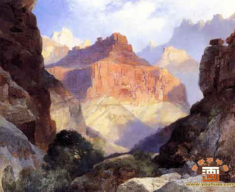 亚利桑那州大峡谷,在亚利桑那州的红墙大峡谷下_莫兰油画作品欣赏