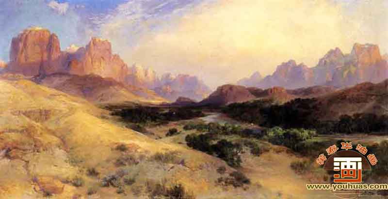 犹他州锡安谷南部,锡安谷-南犹他州_莫兰油画作品欣赏