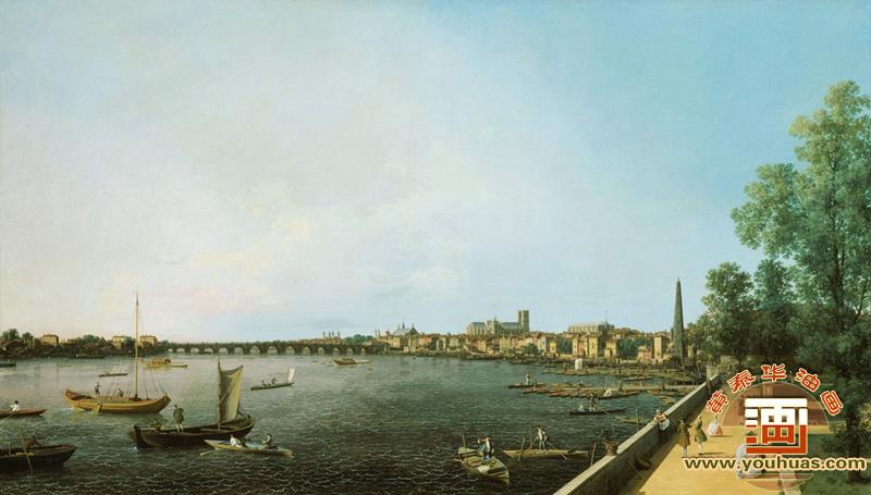 泰晤士河,从萨默塞特宫露台通往威斯敏斯特,伦敦_卡纳莱托油画作品欣赏