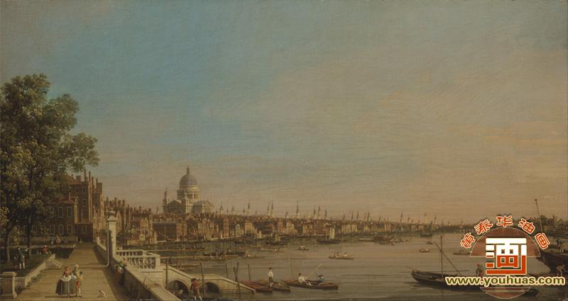 萨默塞特宫露台上的泰晤士河,可以望向圣保罗大教堂_卡纳莱托油画作品欣赏