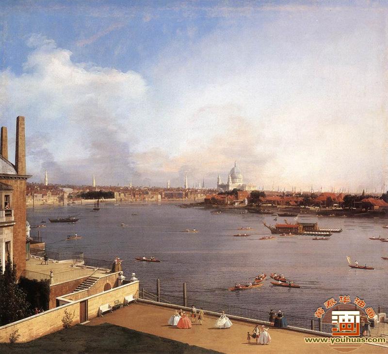 从里士满大厦出发,前往泰晤士河和伦敦城_卡纳莱托油画作品欣赏