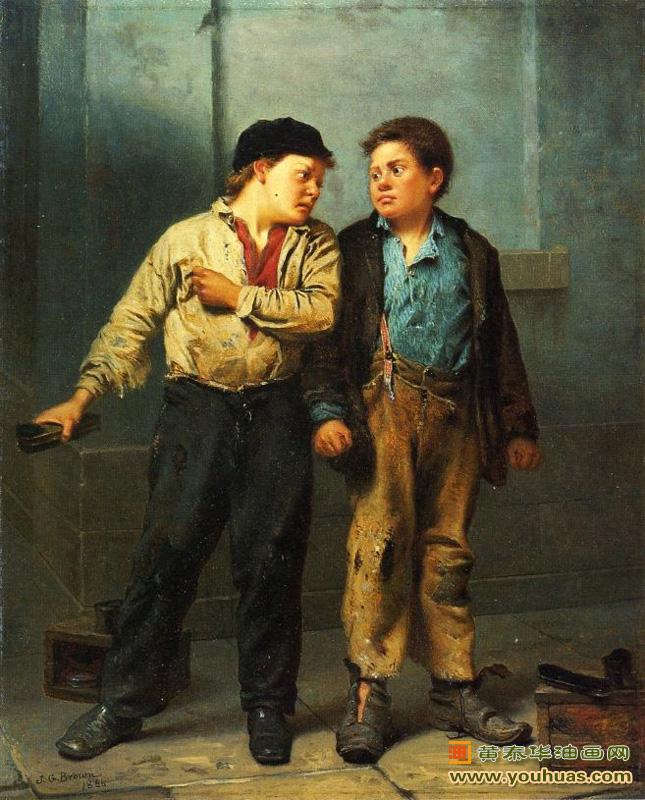 争吵,两个鞋匠在吵架,布朗油画作品欣赏