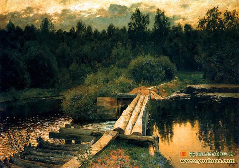 夏天的傍晚,在游泳池边风景油画_列维坦作品欣赏