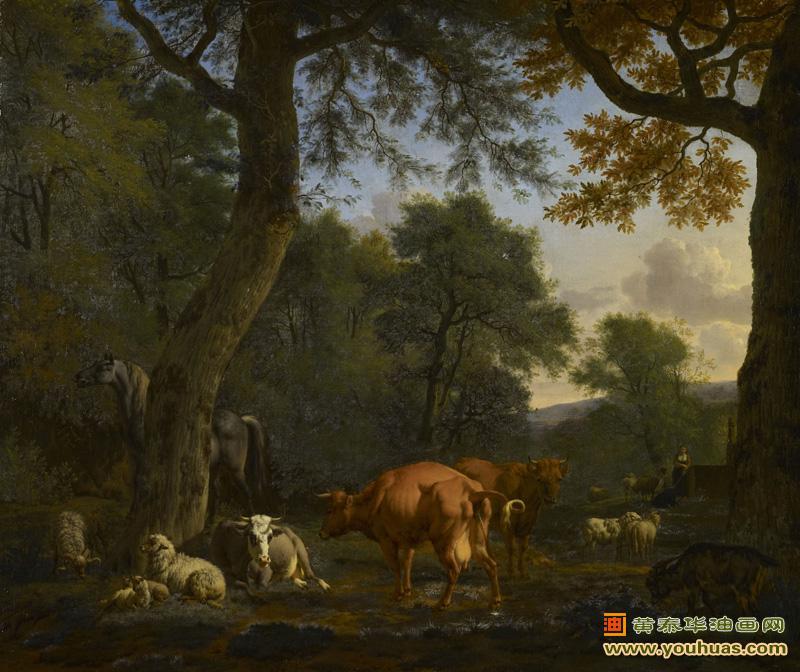 有动物和人物的林地沼地风景油画,范德维尔德作品欣赏