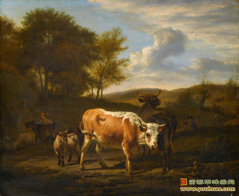 牧羊人与牛羊的山地风景油画-与牛的山地景观,范德维尔德作品欣赏