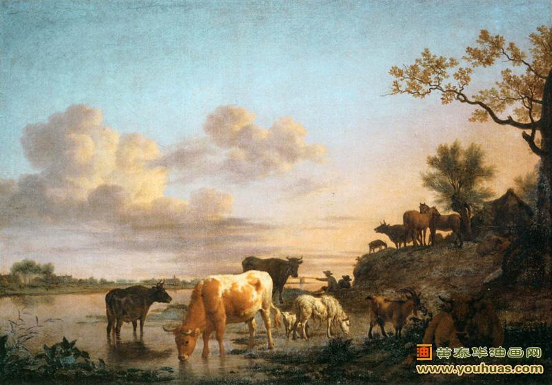 河边的动物,河边有牛群-绵羊-鹿的风景油画,范德维尔德作品欣赏