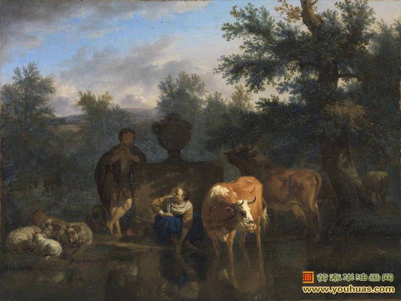 与牛羊和牧羊人景观风景油画,范德维尔德作品欣赏