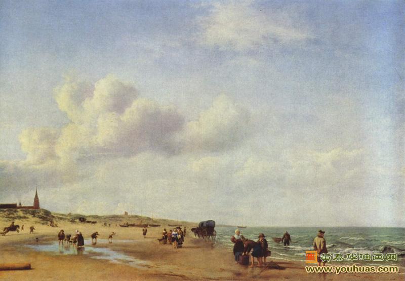 海滩-斯海弗宁恩海滩风景油画作品,范德维尔德作品欣赏