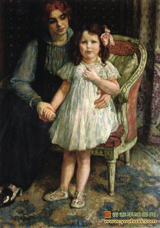 戈德纳・麦克斯夫人和她的女儿朱丽叶后印象派的肖像,西奥曼迪辛希尔作品欣赏