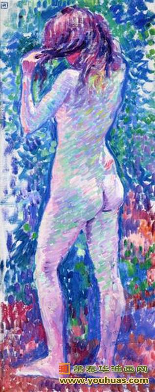 ​她从后面赤裸着,梳理她的头发印象派,西奥曼迪辛希尔作品欣赏