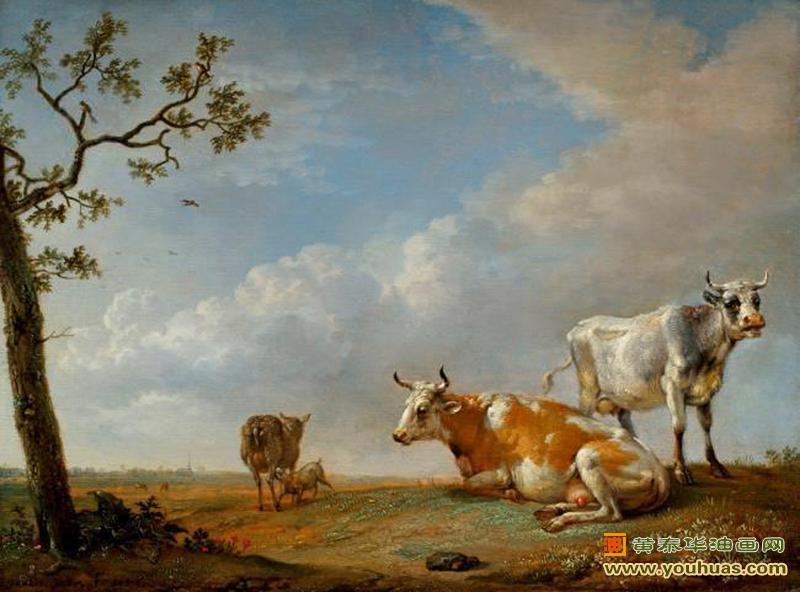 牧场的动物,在牧场上休息的动物,保卢斯・波特作品欣赏