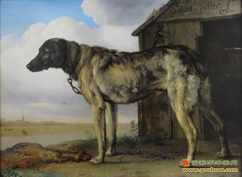 狼狗,狼猎犬,锁链在犬房的一头狼猎犬,保卢斯・波特作品欣赏