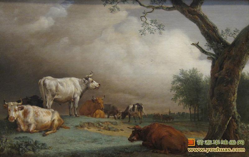 草地上的牛,一群牛在草地的油木附近风景,保卢斯・波特作品欣赏