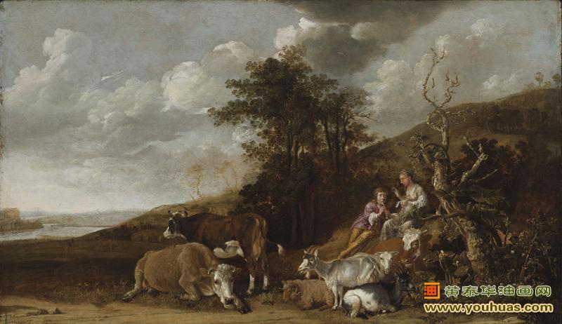 牧羊人与长笛演奏的牧羊人的风景,保卢斯・波特作品欣赏