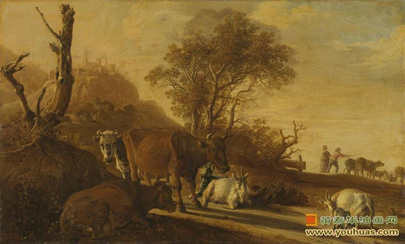 牛羊休息景观,以放养的牛和山羊为特色的风景,保卢斯・波特作品欣赏