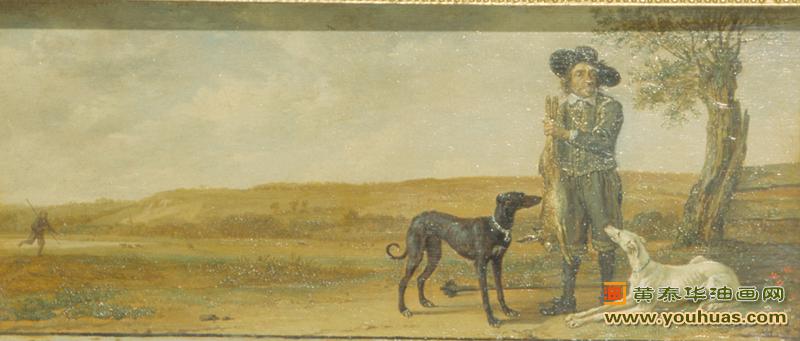 猎人与猎兔犬,猎人和猎犬带着死野兔风景,保卢斯・波特作品欣赏