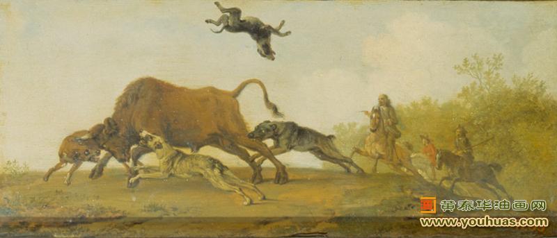 猎牛,猎人骑着马狩猎一头公牛,保卢斯・波特作品欣赏