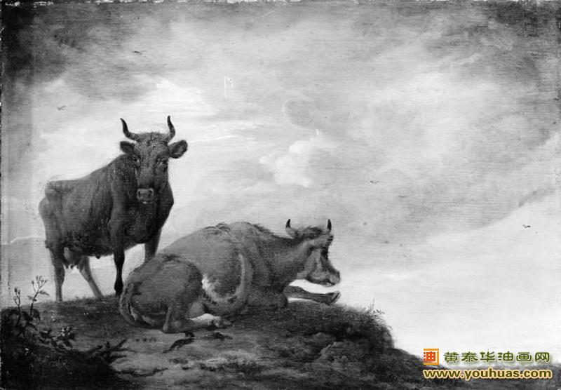 母牛,山上的两头母牛黑白油画动物,保卢斯・波特作品欣赏