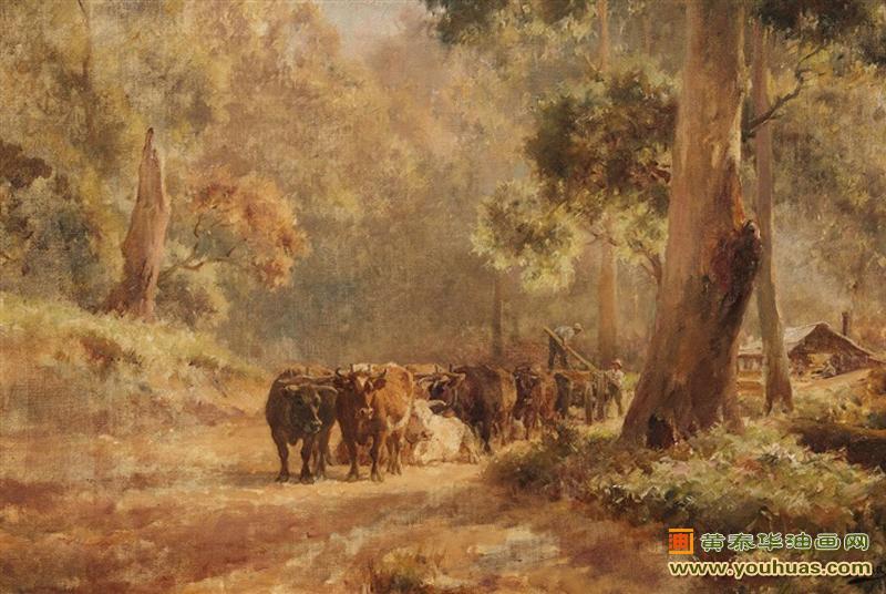 一辆牛车和农场工人景色, 一辆牛车、牛群和农场工人路过森林风景_切尔特玛作品欣赏