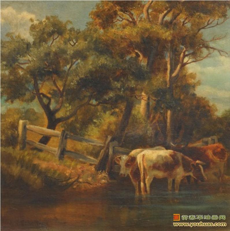 ​河边的牛,在护栏内河边的牛_切尔特玛作品欣赏