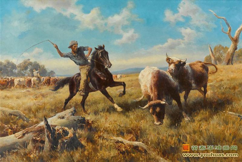 牛群集合,牧民骑马集合牛群情景_切尔特玛作品欣赏