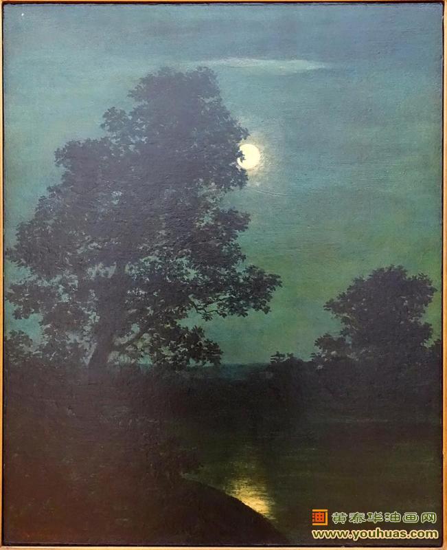 小溪上的月光，在小溪边透过一颗大树上的月光景色_布莱克洛克作品欣赏