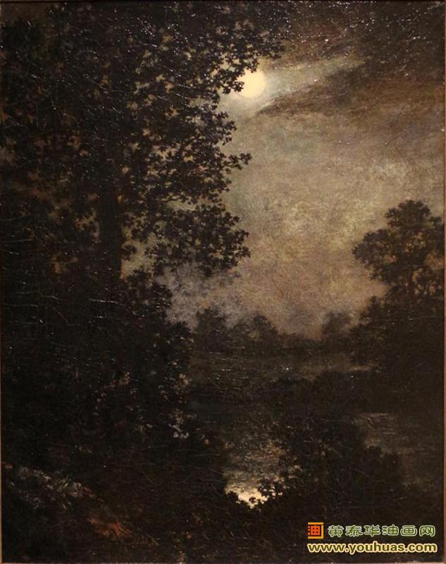 月光照射在大树下的湖面上景色_布莱克洛克作品欣赏