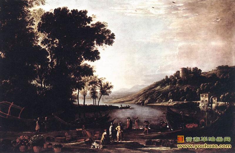 与商人，在河岸边上的商人风景_洛兰作品油画欣赏