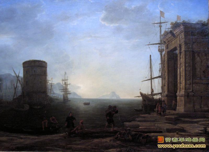 日出海景，日出时的海港景色_克劳德・洛兰作品油画欣赏