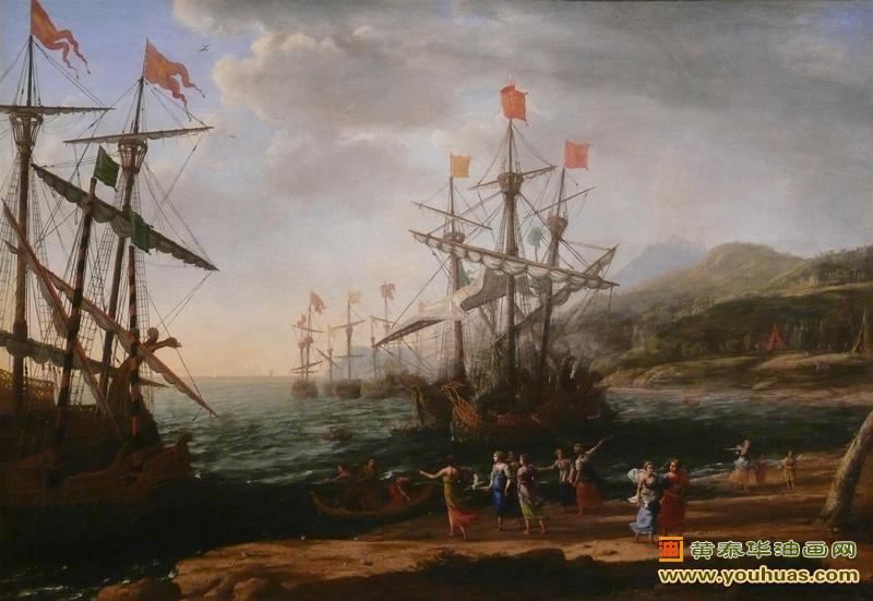 烧船，海军陆战队和特洛伊人一起燃烧他们的船情景_洛兰作品油画欣赏